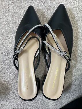 Black Pointed Toe Slingback Flats with Crystal Strap